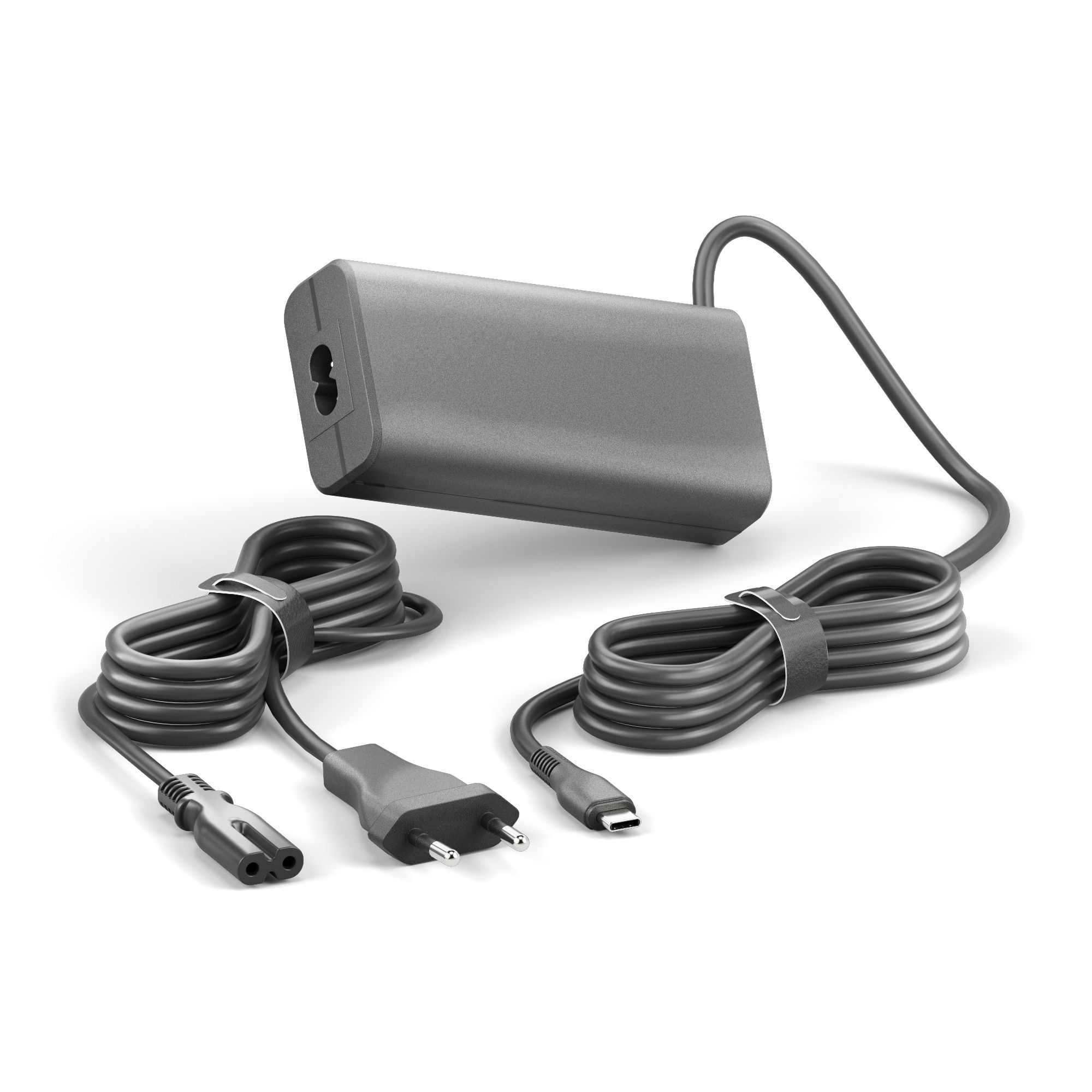 Alimentatore grigio per laptop con due cavi e cavo USB-C su sfondo bianco.