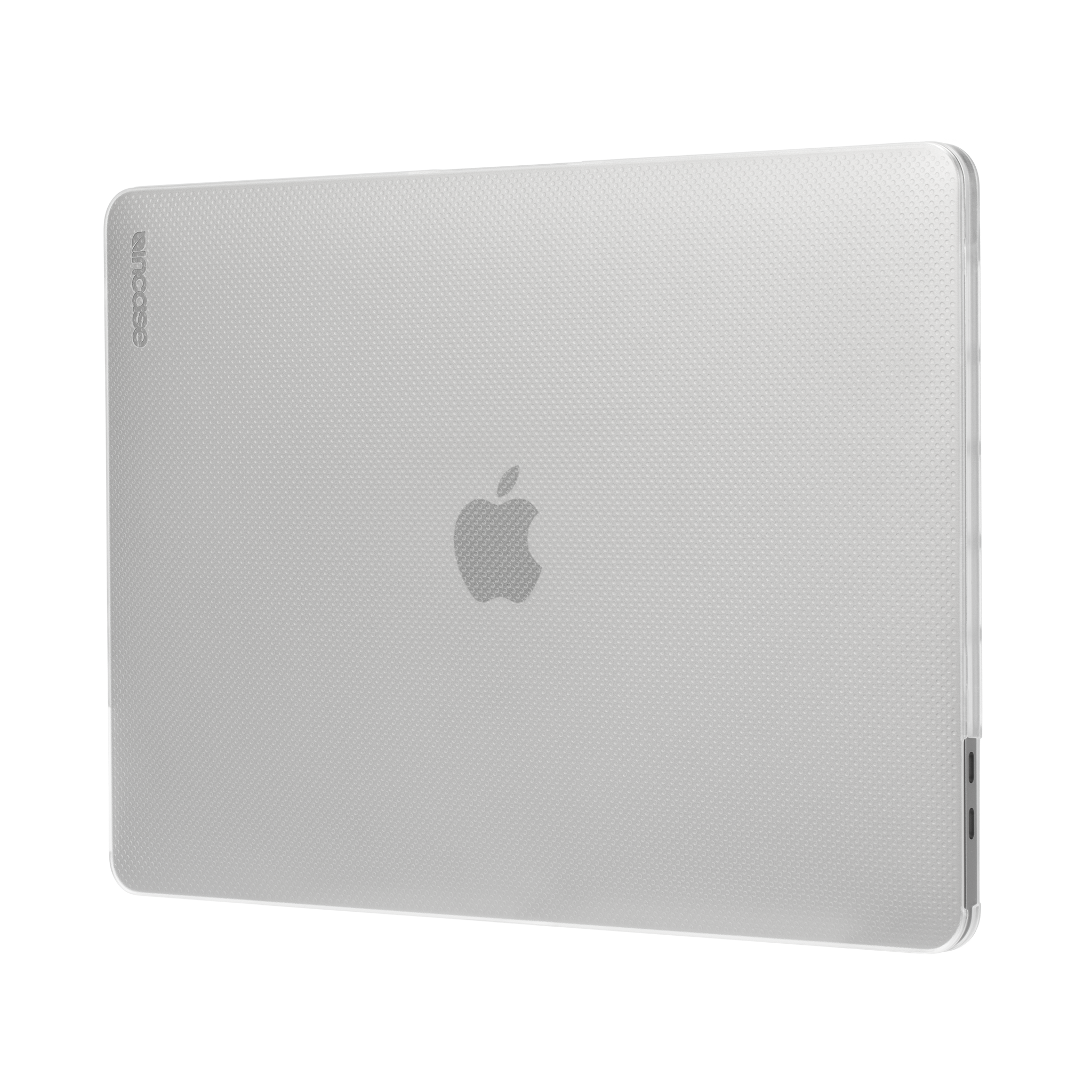 Laptop argentato con logo Apple, in una custodia trasparente.