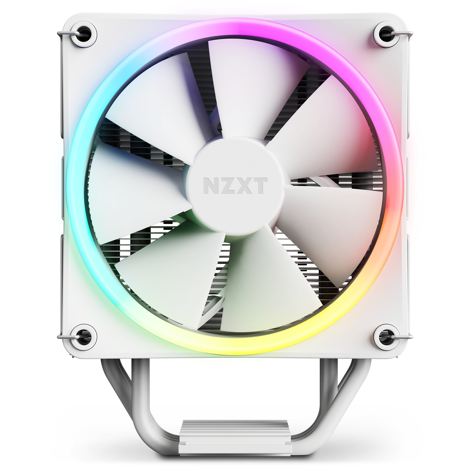 White computer fan with RGB lighting. Features a white fan and frame, with the NZXT logo.