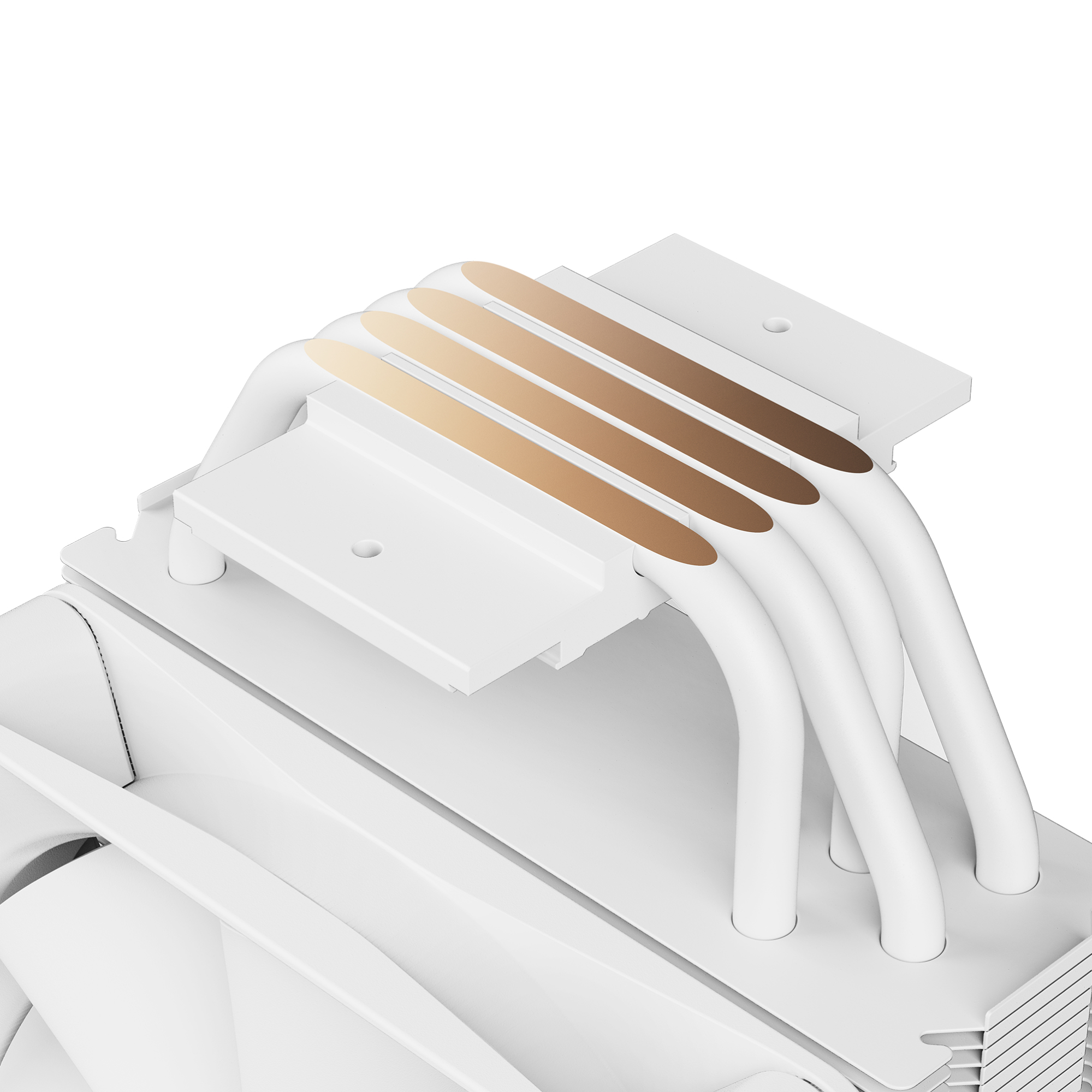 Close-up of a white CPU cooler with copper heat pipes.