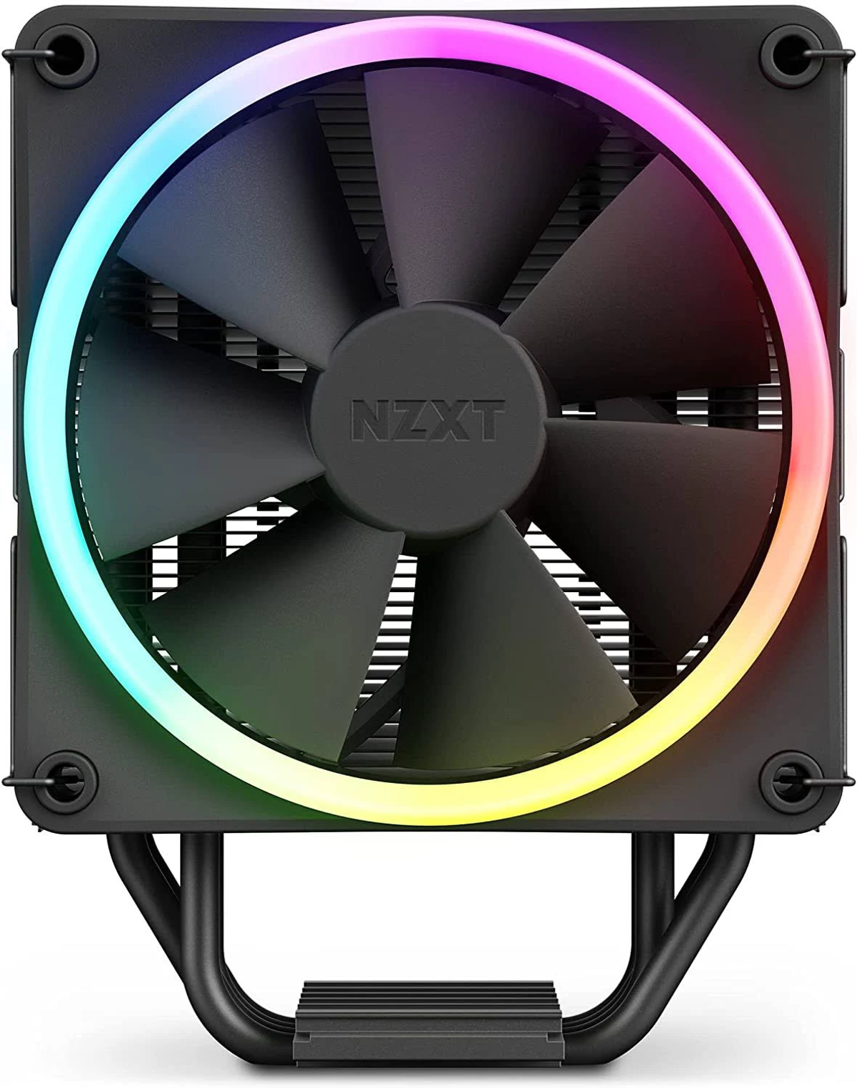 Ventola per computer nera con illuminazione RGB. Presenta una ventola e un telaio neri, con il logo NZXT.