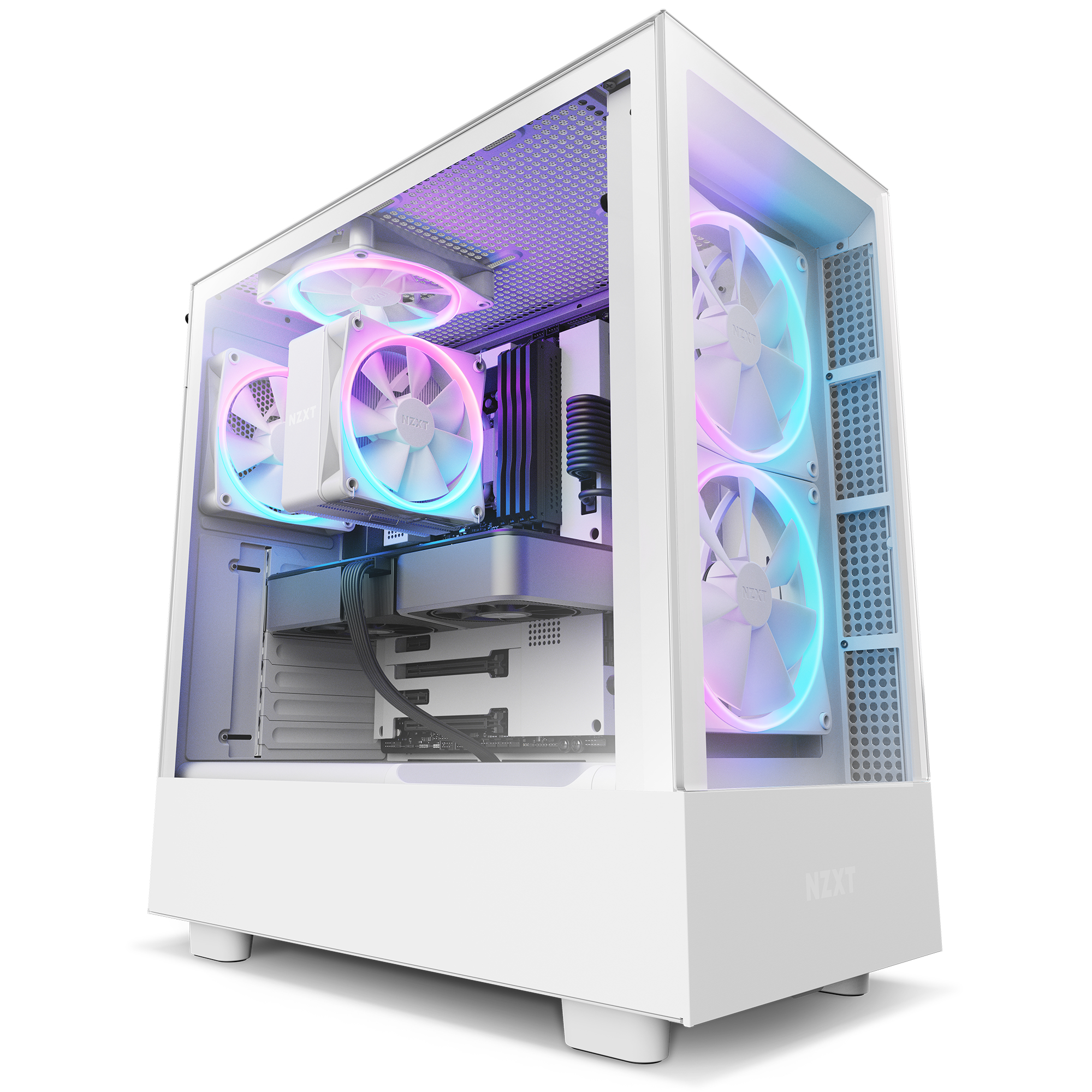 White computer case with components. Includes RGB fans, CPU cooler, and a graphics card.