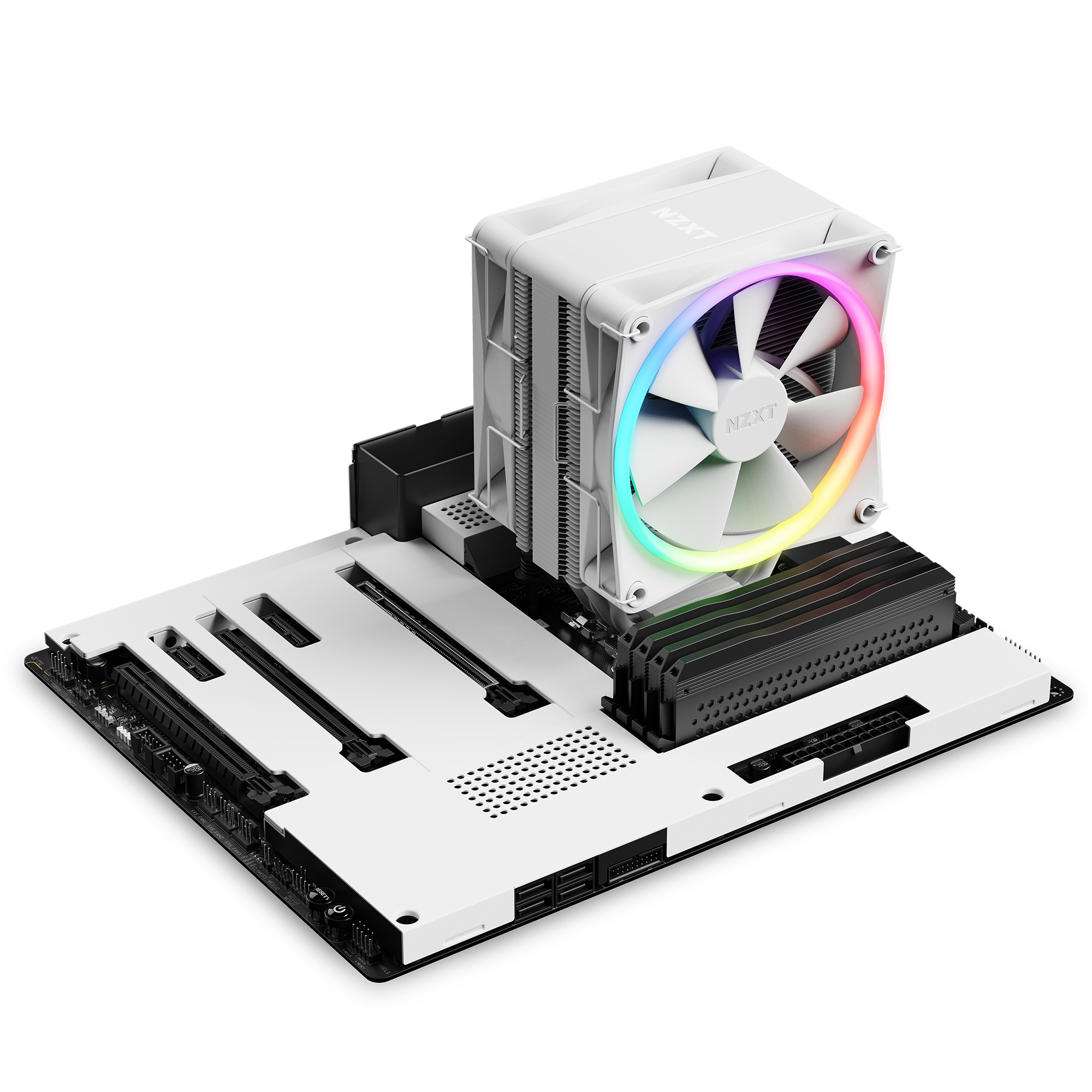 White computer fan mounted on a motherboard. The fan has RGB lighting and the NZXT logo.