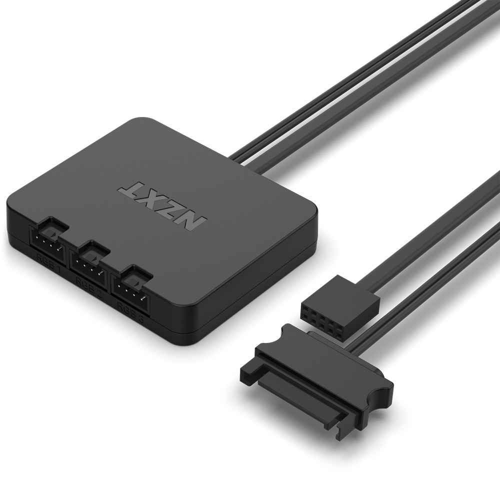 Czarny kontroler RGB z wieloma portami. Posiada logo NZXT i różne złącza.