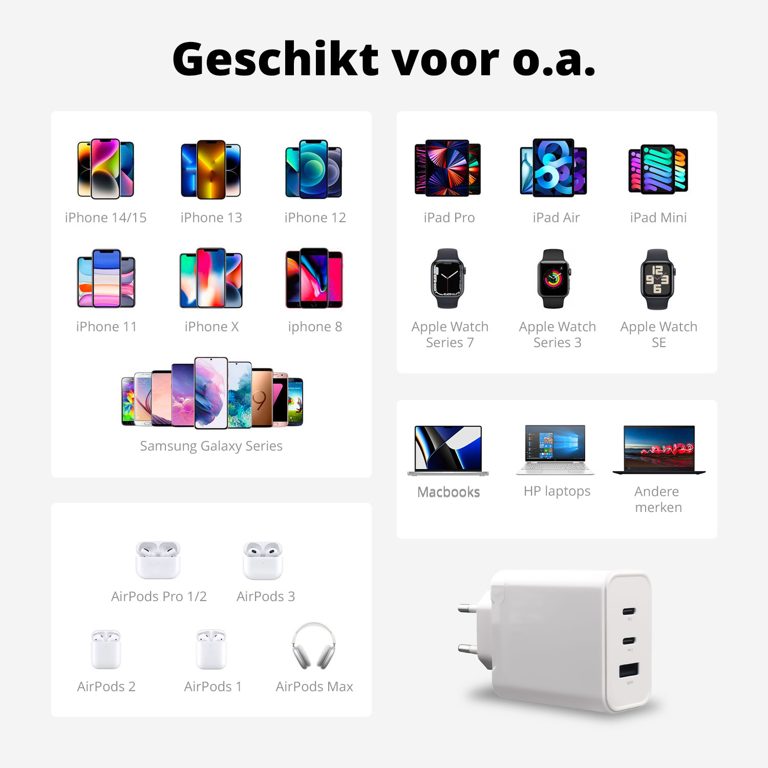 Lijst met apparaten compatibel met een witte voedingsadapter met meerdere USB-poorten.