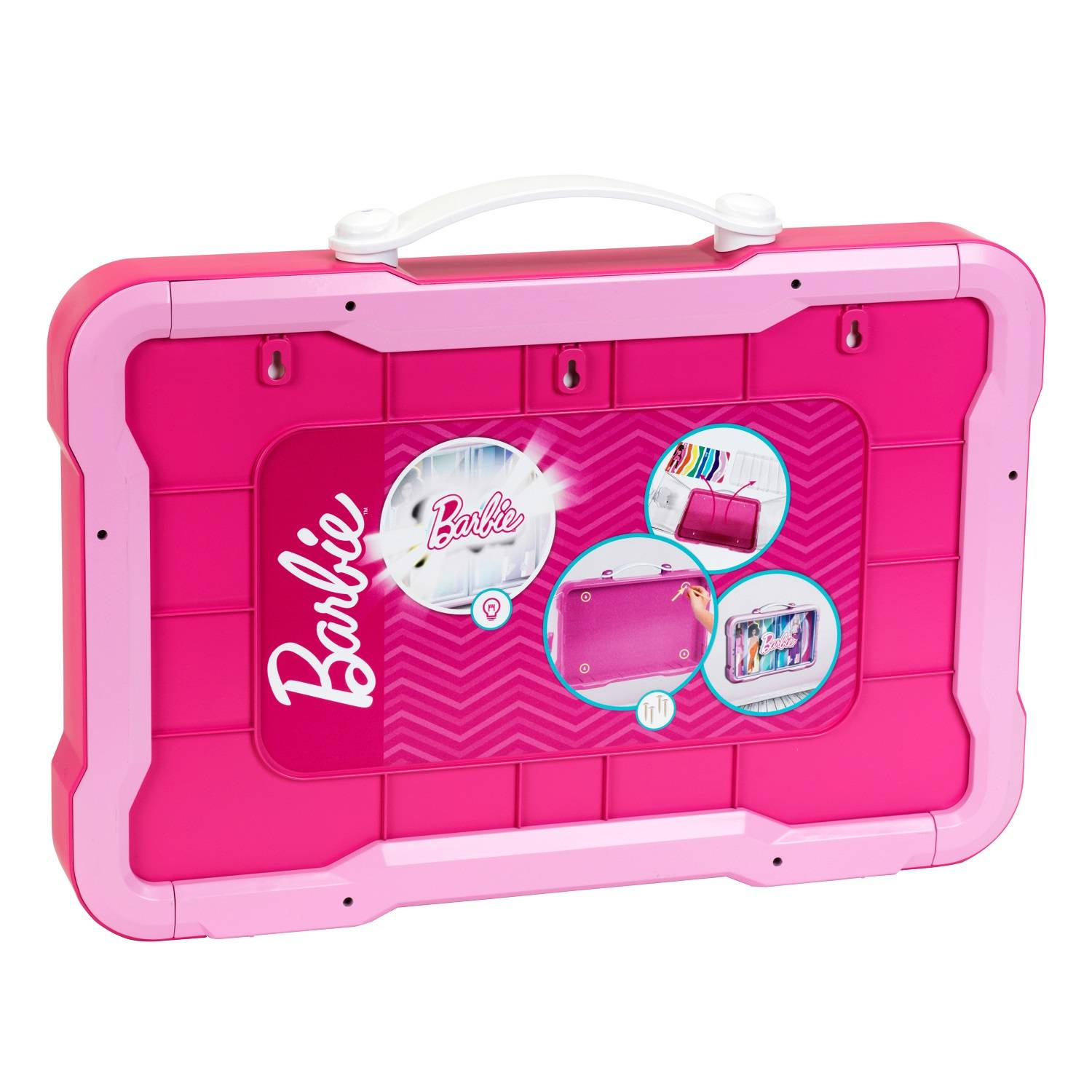 Różowa walizka Barbie; widok z tyłu z logo Barbie i zdjęciami funkcji walizki.