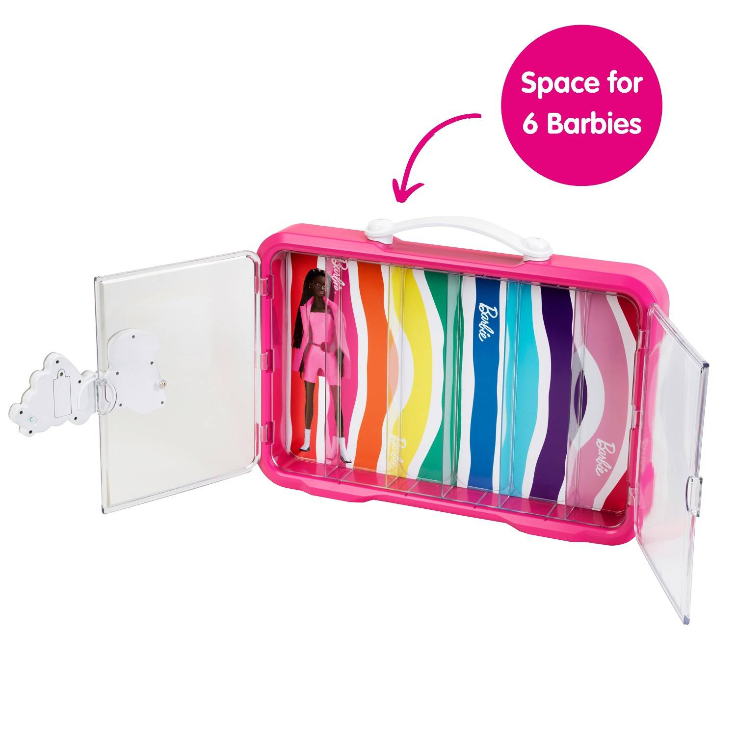 Różowa walizka Barbie z otwartymi drzwiami, pokazująca półki. Barbie stoi w środku.