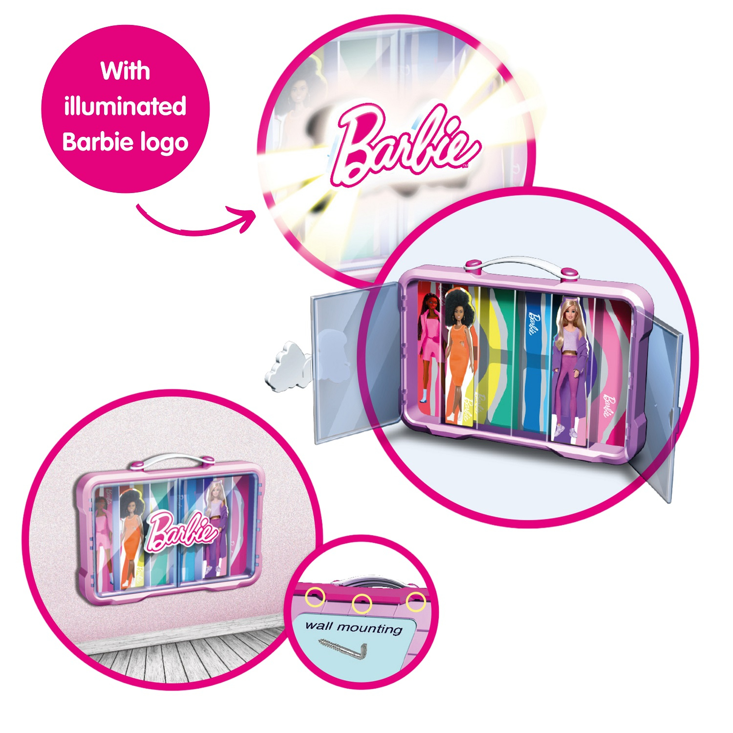 Różowe pudełko Barbie z logo Barbie i zdjęciami lalek w środku.