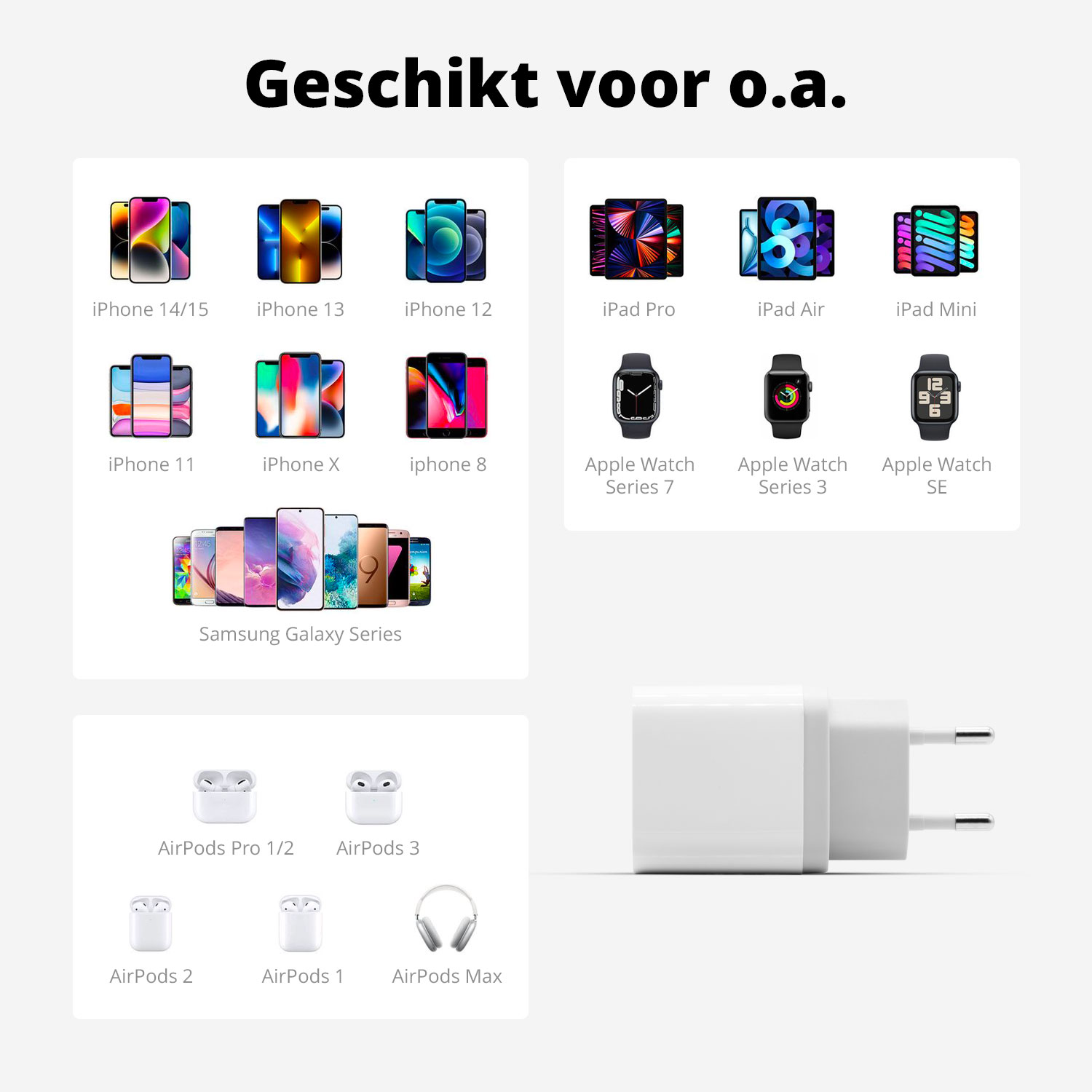 Lijst met apparaten compatibel met een witte voedingsadapter met meerdere USB-poorten.