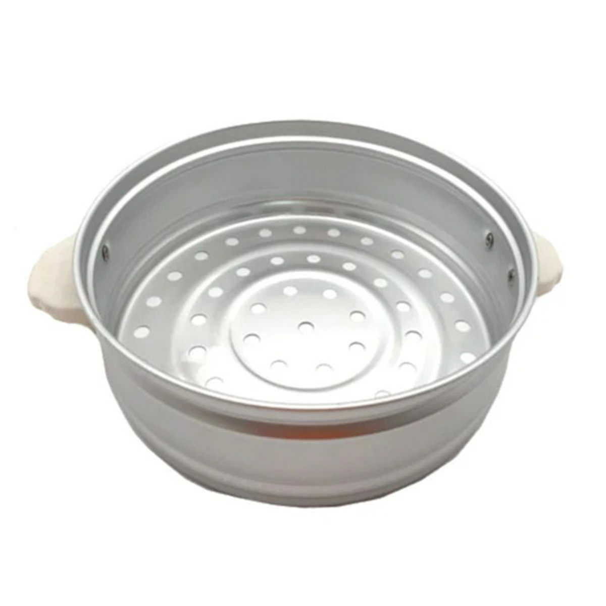 Una cesta de vapor plateada con base perforada y asas blancas.