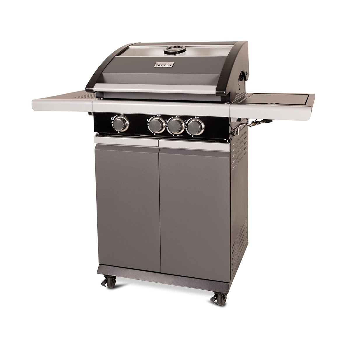 A gray and black outdoor grill with three knobs and a side table.