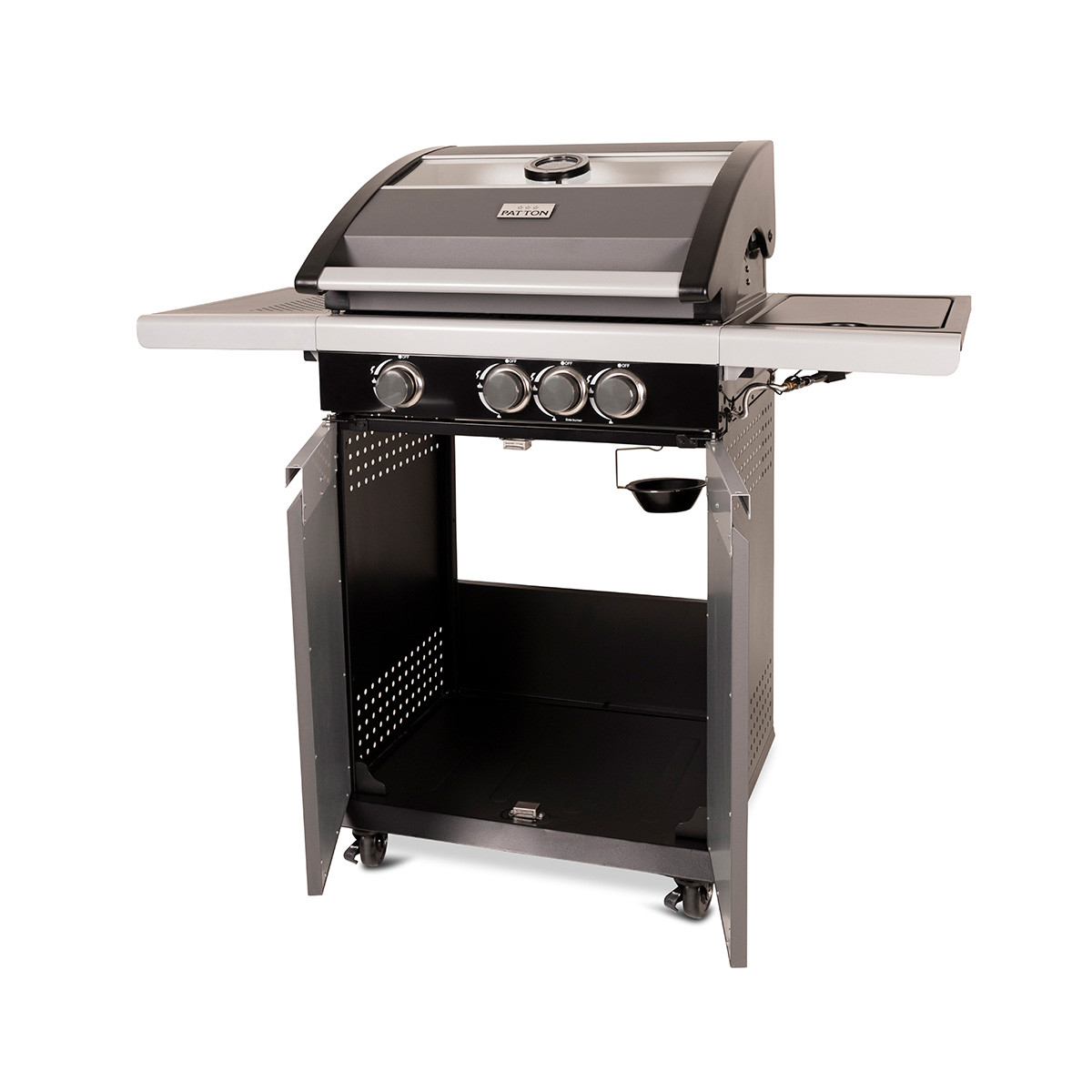 A gray and black outdoor grill with open doors, side table and wheels.