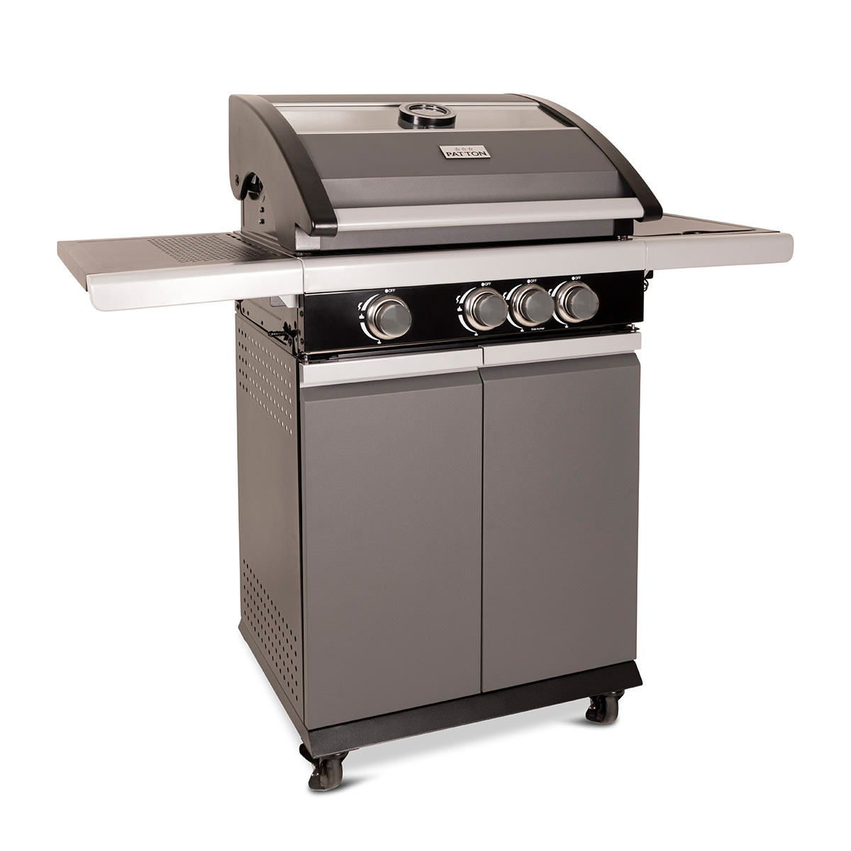 Gray grill with black accents and three knobs. Cabinet below. Silver side shelf. White background.