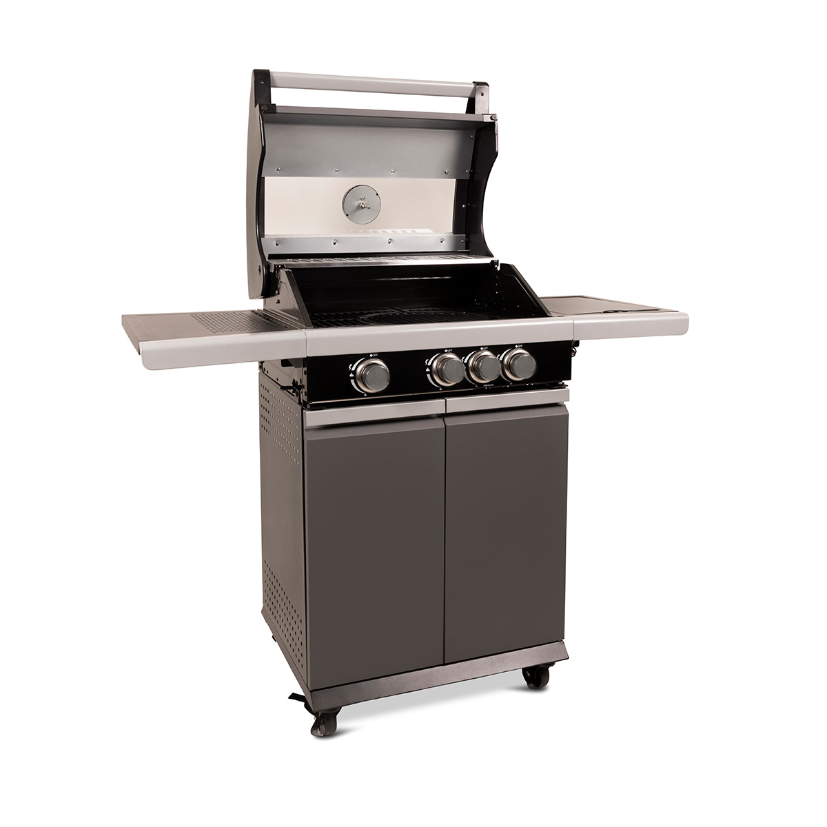 A gray and black grill with three burners, and two doors below, on a white surface.