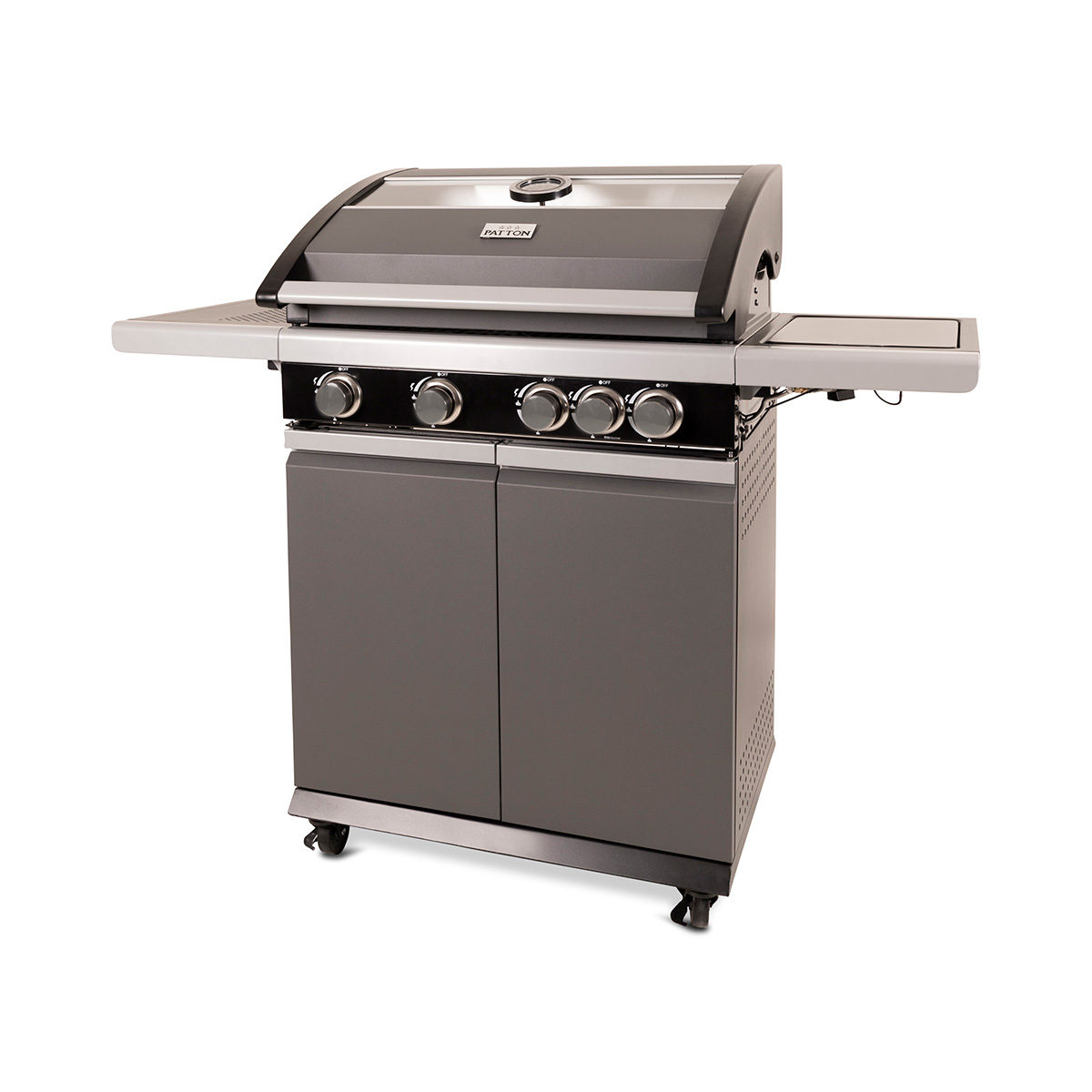 Gray grill with black accents and four knobs. Cabinet below. Silver side shelf. White background.