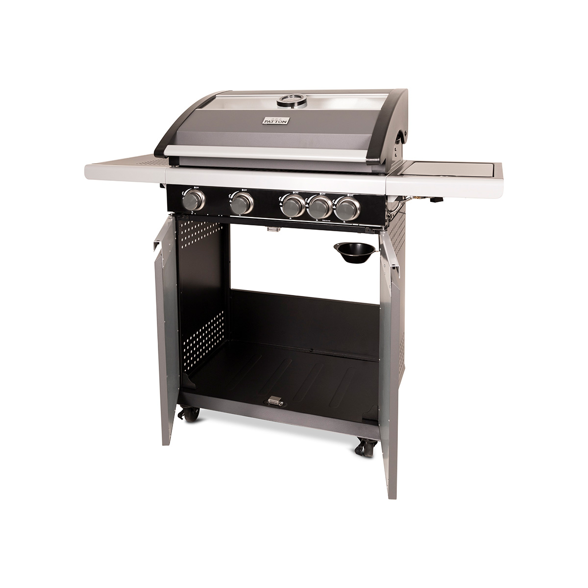 A gray and black gas grill with a closed lid, four burners, and open storage doors, on a white background.