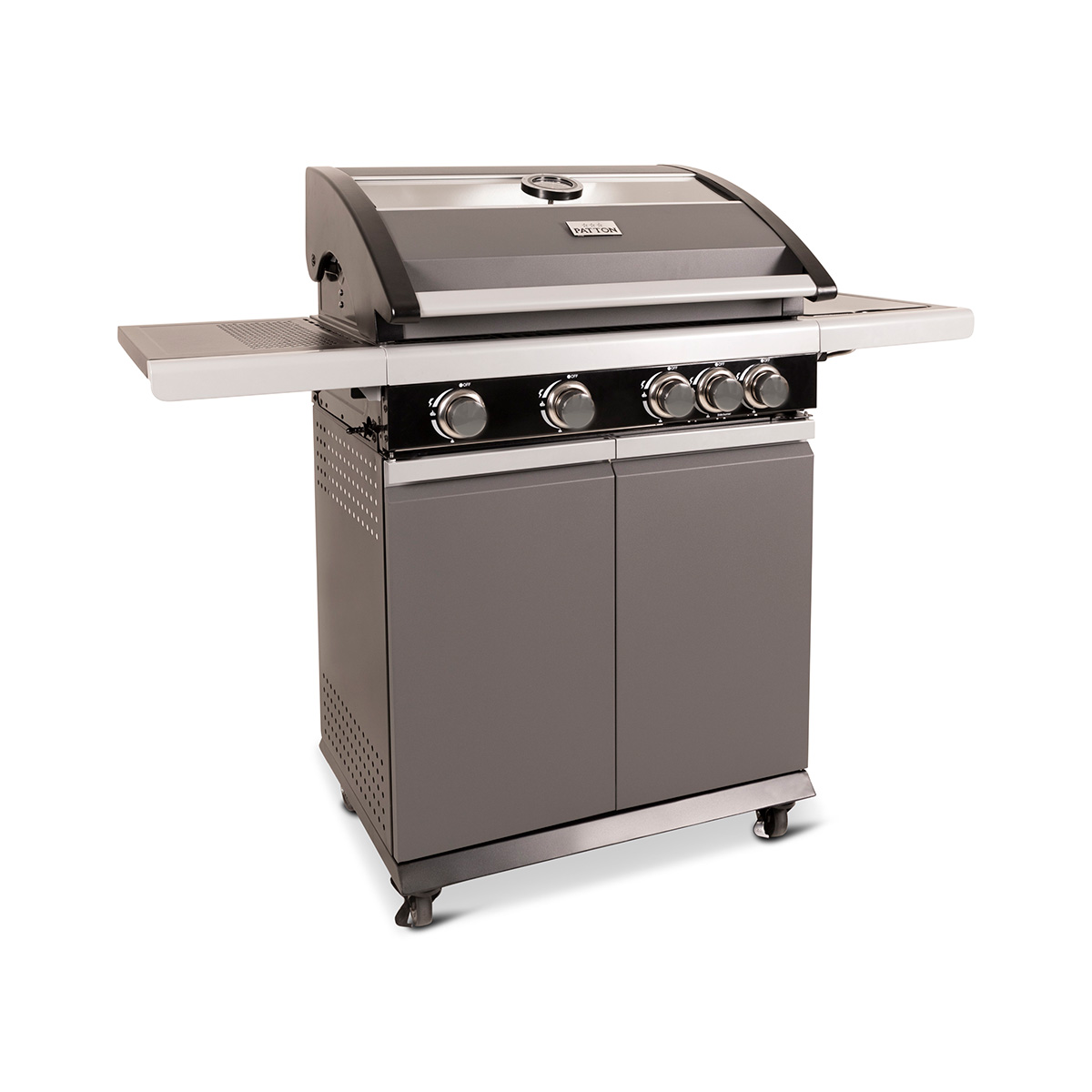 A grey and black gas grill with a side table, four burners, and wheels, on a white background.