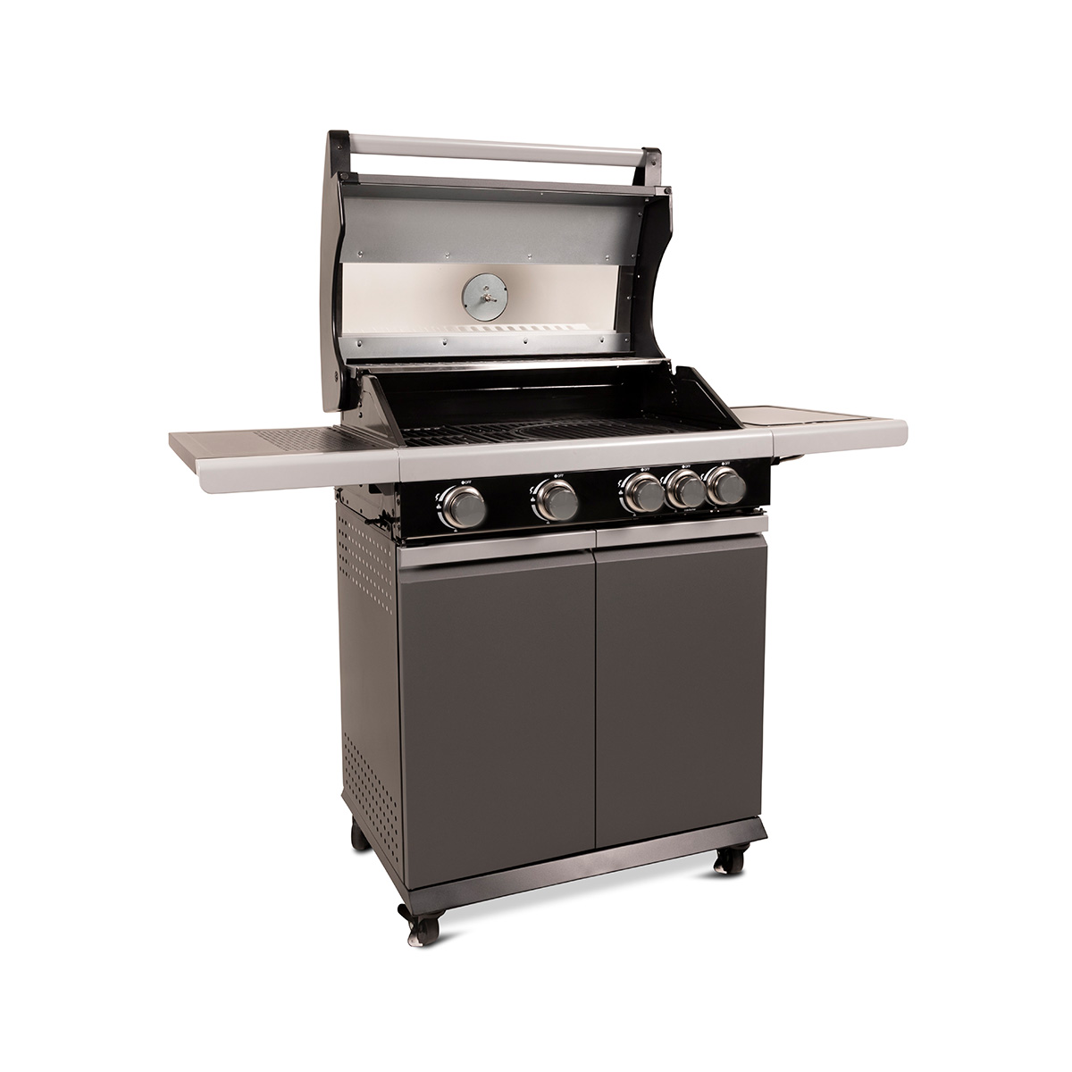 Grill with the lid opened, showing interior. Four knobs on front. Silver side shelf. White background.