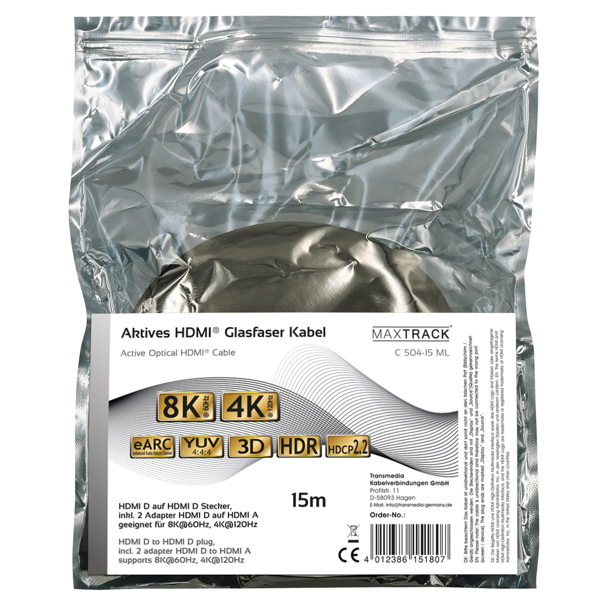 HDMI-Kabelverpackung in Silberfolie. Das Etikett zeigt 8K- und 4K-Unterstützung, eARC, YUV, 3D, HDR und HDCP2.2.
