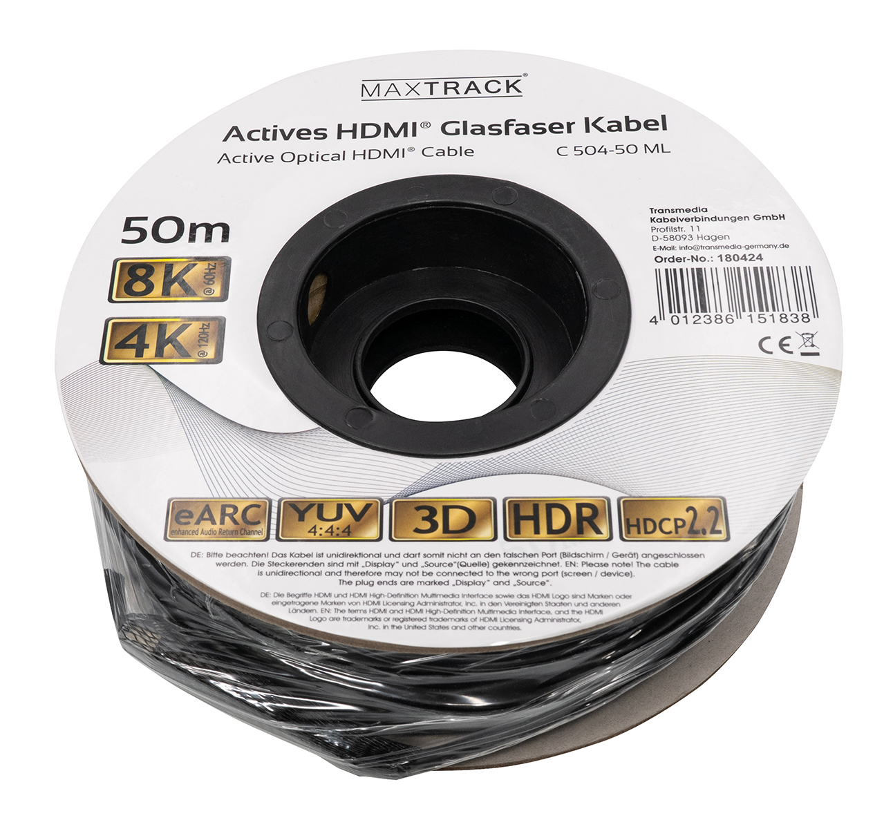 Eine Rolle schwarzes HDMI-Kabel mit Etiketten, die 8K- und 4K-Auflösung unterstützen.