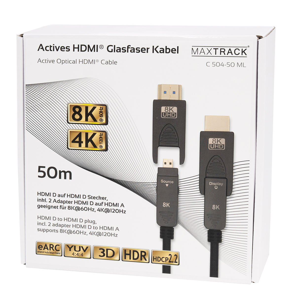 Weiße Box mit HDMI-Kabeln und -Anschlüssen. Etikett zeigt 8K- und 4K-Unterstützung, eARC, YUV, 3D, HDR, HDCP2.2.