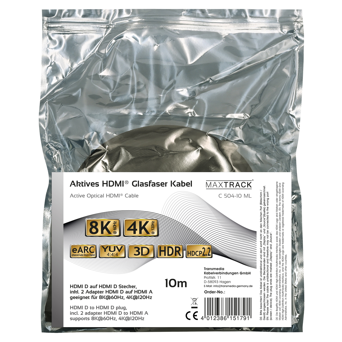 HDMI-Kabelverpackung in Silberfolie. Etikett zeigt 8K- und 4K-Unterstützung, eARC, YUV, 3D, HDR und HDCP2.2.