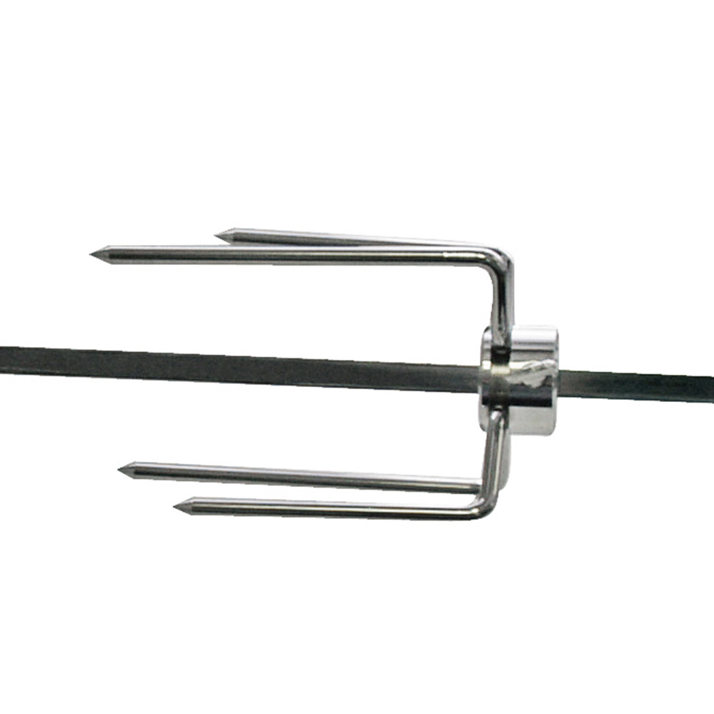 Close-up of a chrome rotisserie spit with two sets of prongs on a white background.