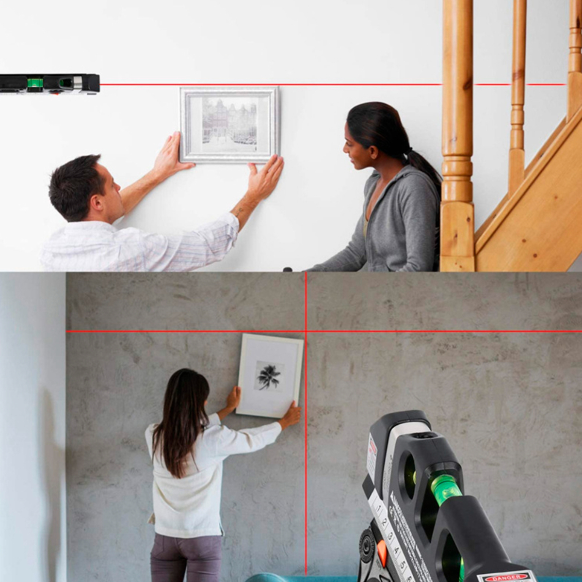 Dos personas colgando un cuadro en una pared usando un nivel láser. Otra persona hace lo mismo.