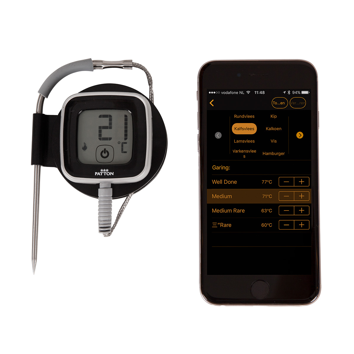 A black and silver cooking thermometer with a digital display, next to a phone screen.