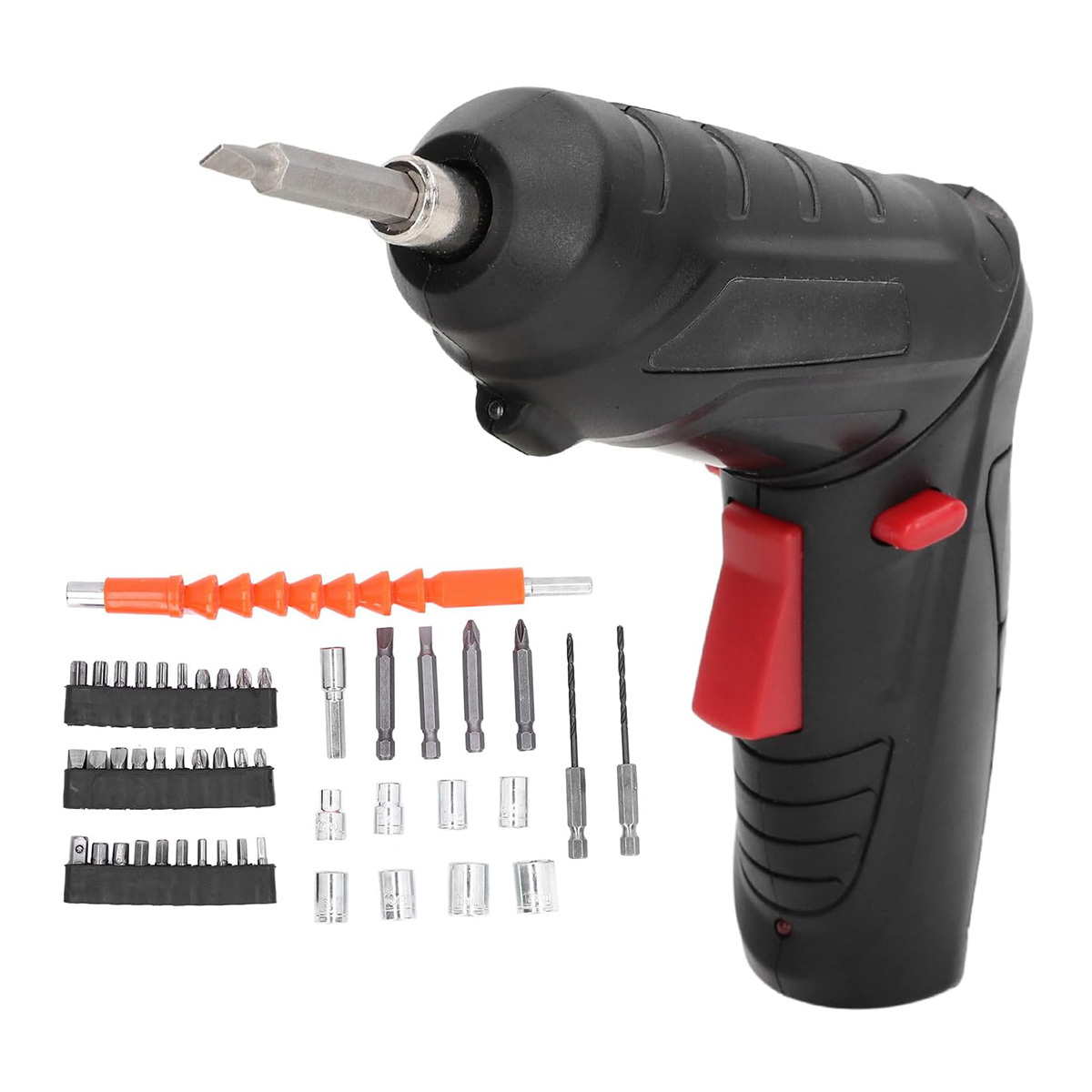 Destornillador eléctrico negro y rojo con varias puntas y una extensión flexible.