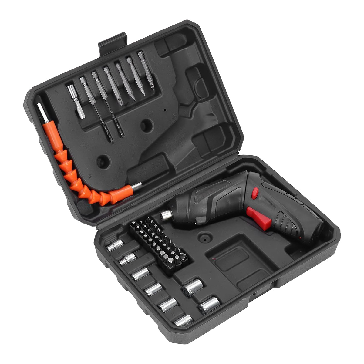 Kit de herramientas abierto con varias puntas y un destornillador inalámbrico negro y rojo.