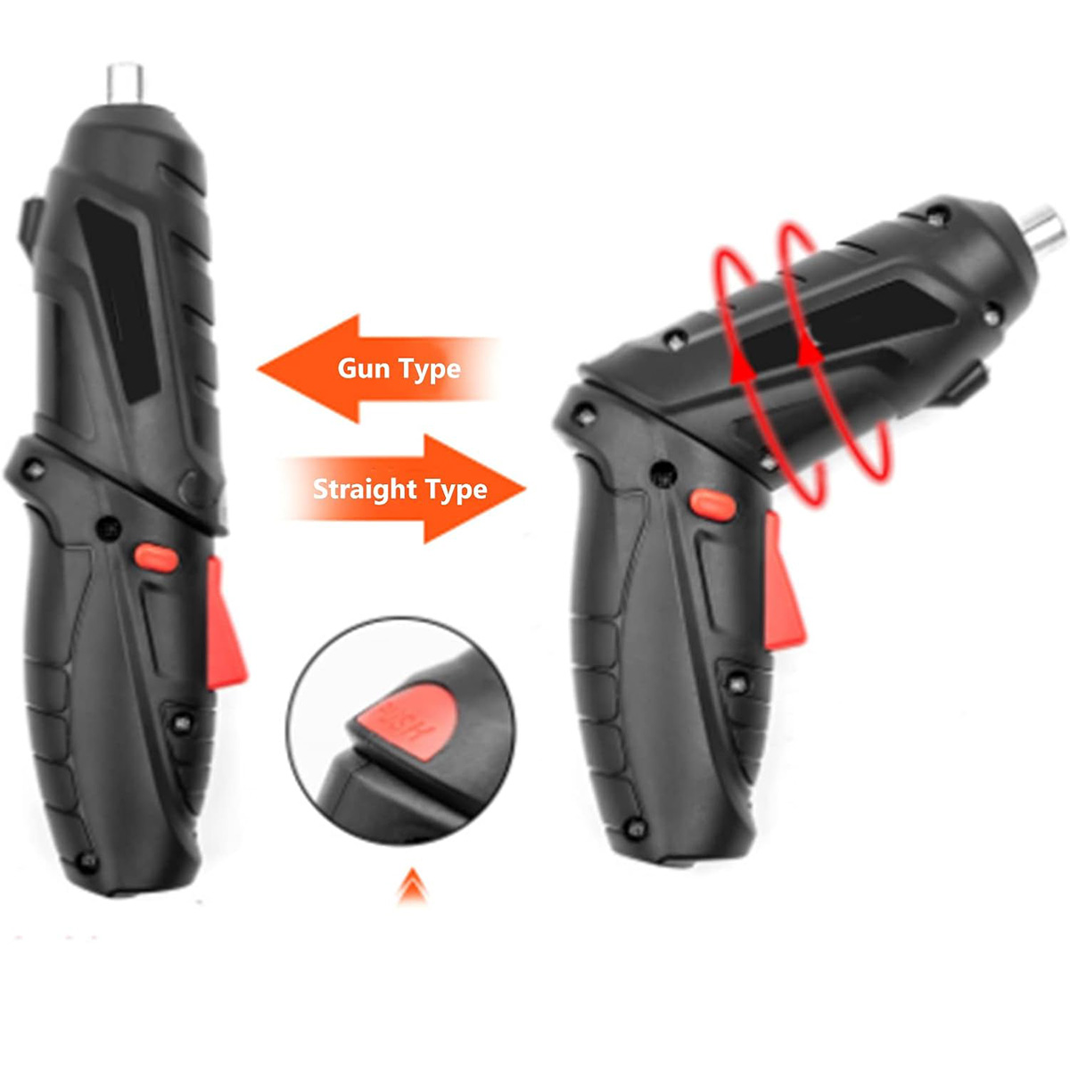 Imágenes de destornillador eléctrico negro, tipo pistola y recto, con gatillo rojo.