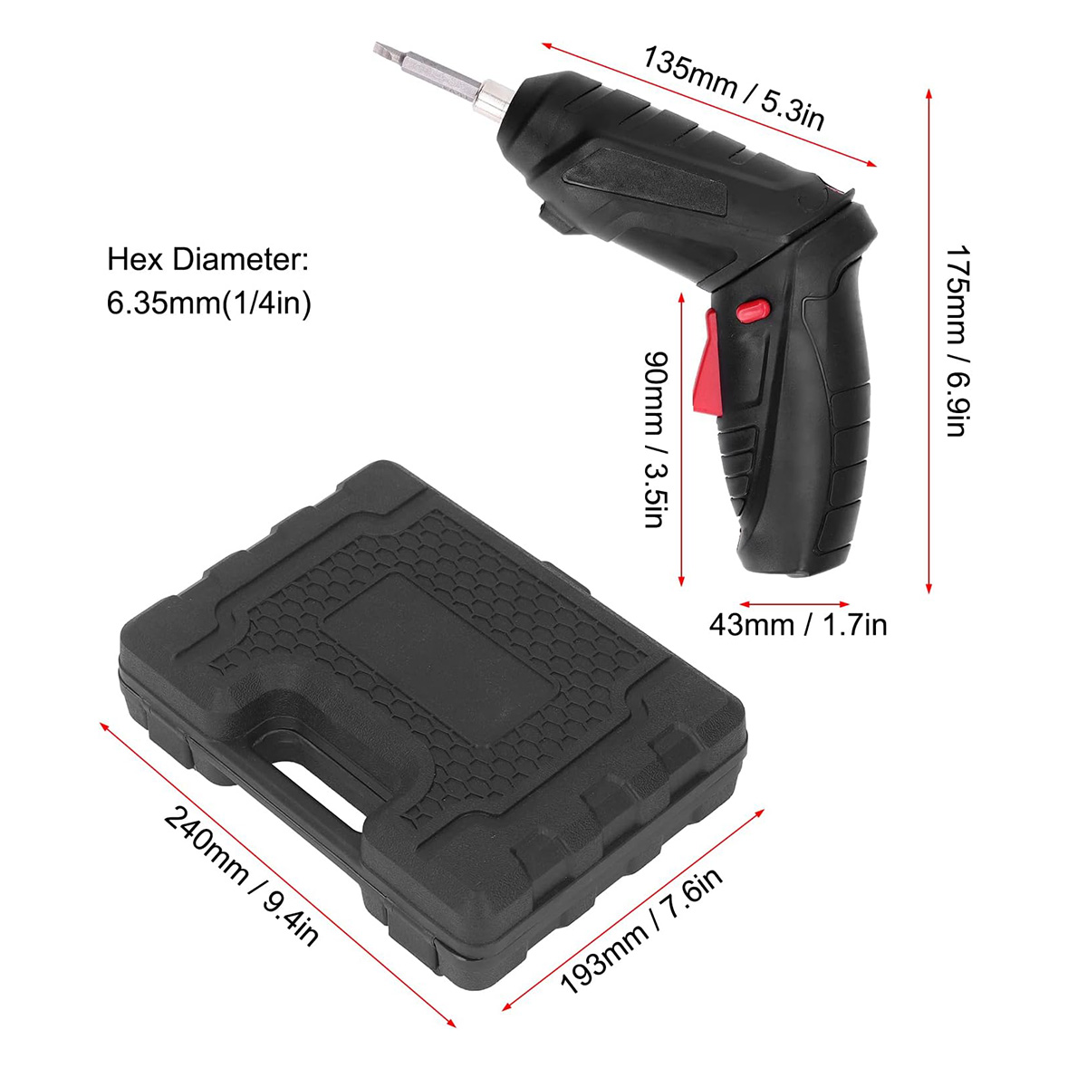 Destornillador eléctrico negro con dimensiones y una caja negra. El destornillador tiene un botón rojo y una punta plateada. La caja tiene una superficie texturizada.