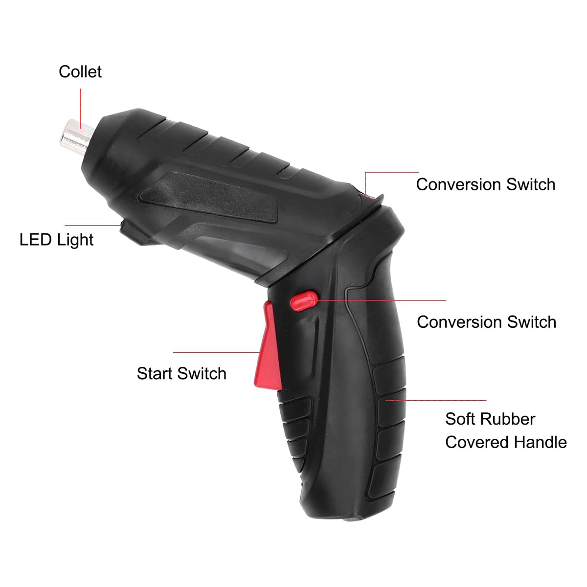 Destornillador eléctrico negro, con partes etiquetadas: collar, luz LED y interruptor de inicio.