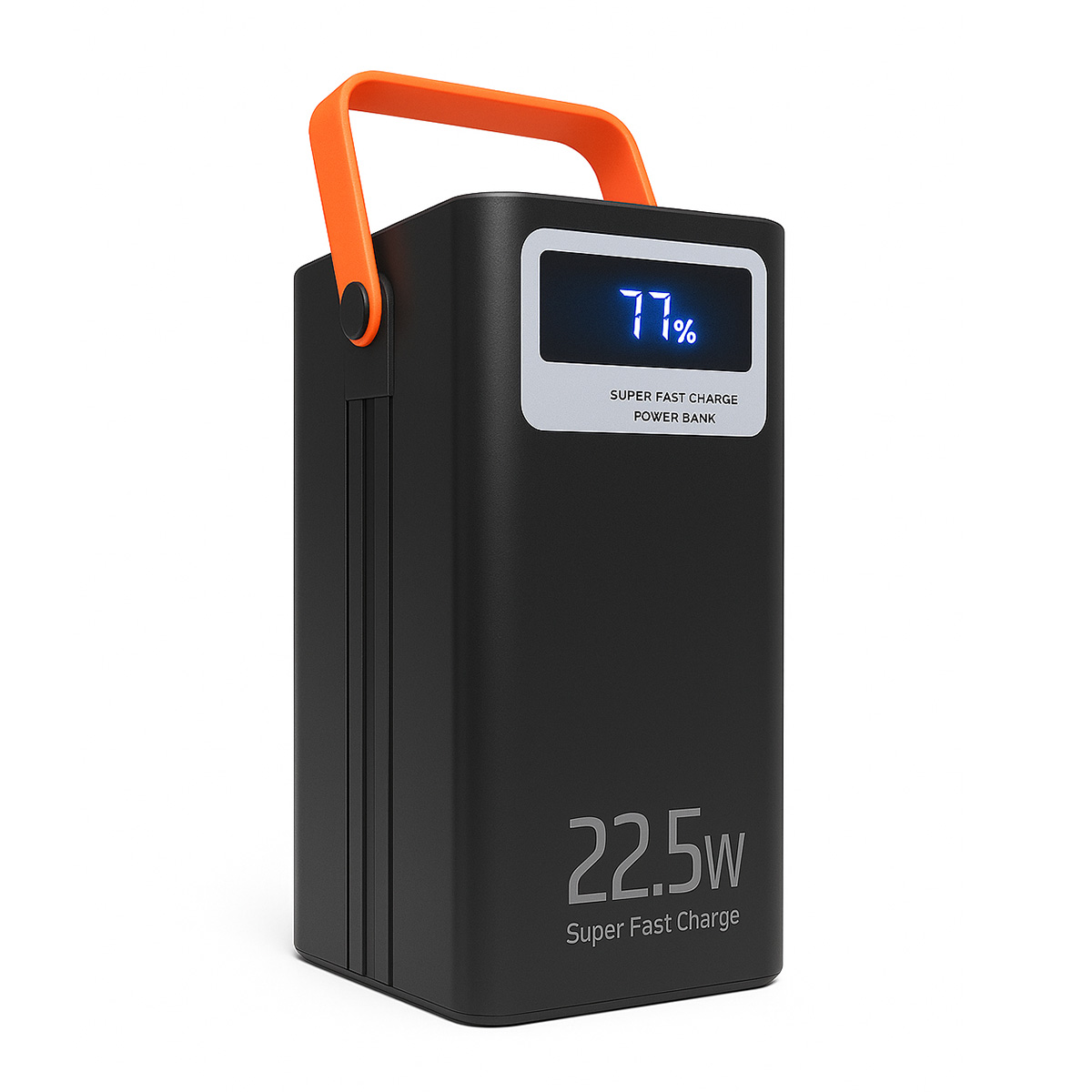 Banco de energía negro con asa naranja, pantalla digital mostrando 77% de carga, sobre blanco.