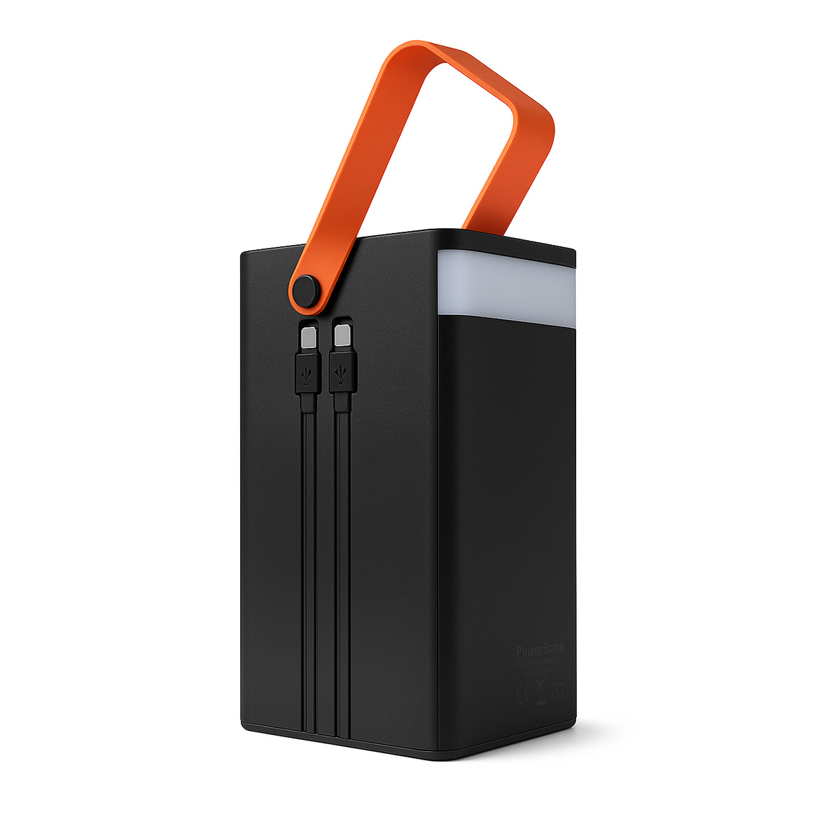 Banco de energía negro con asa naranja. Tiene dos puertos de carga y una parte superior iluminada. Fondo blanco.