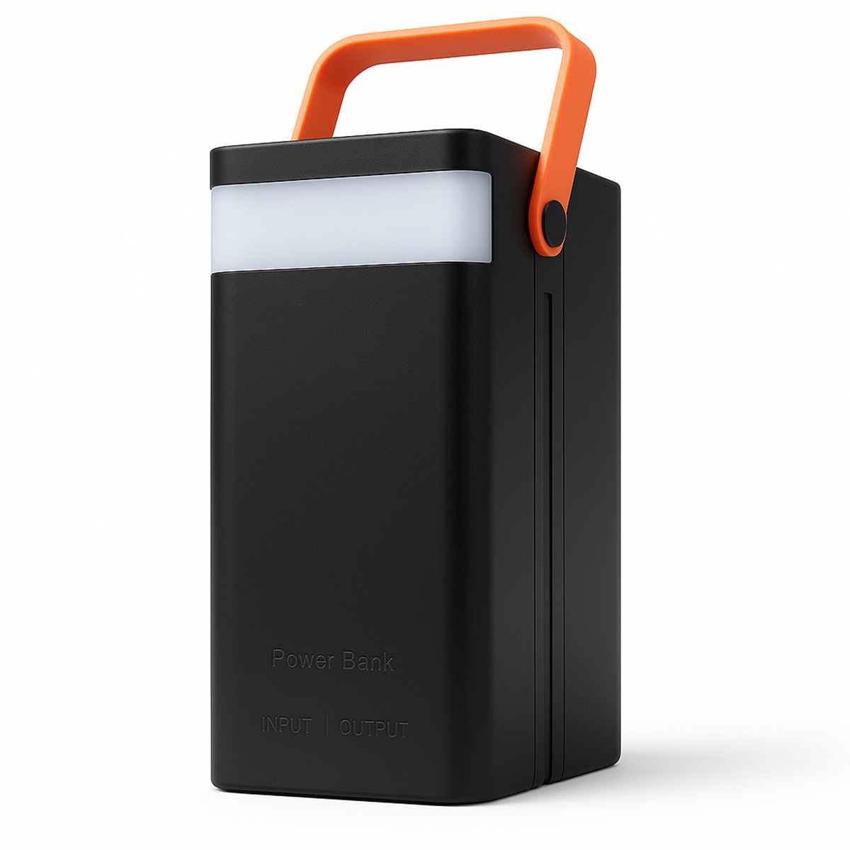 Banco de energía negro con asa naranja y barra de luz blanca.