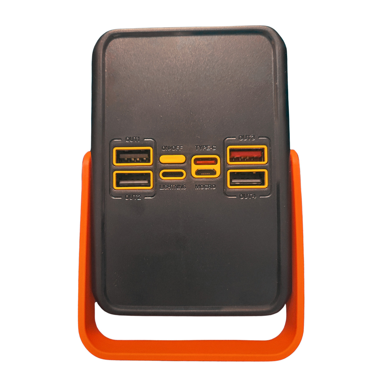 Vista trasera del power bank negro, con varios puertos de carga y asa naranja.