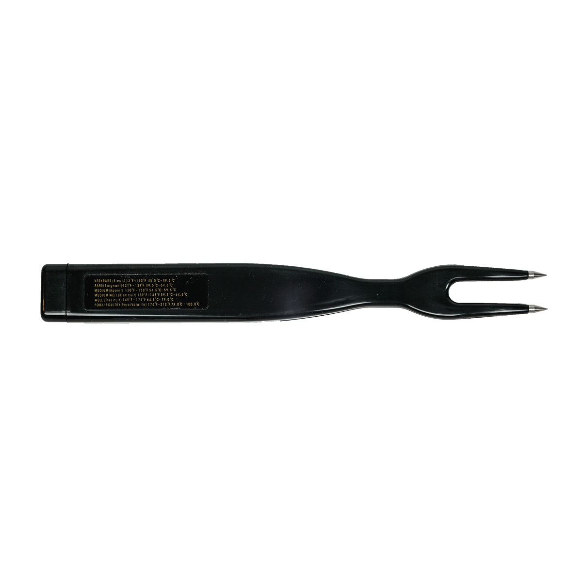 Black meat thermometer with two prongs, on a white background.
