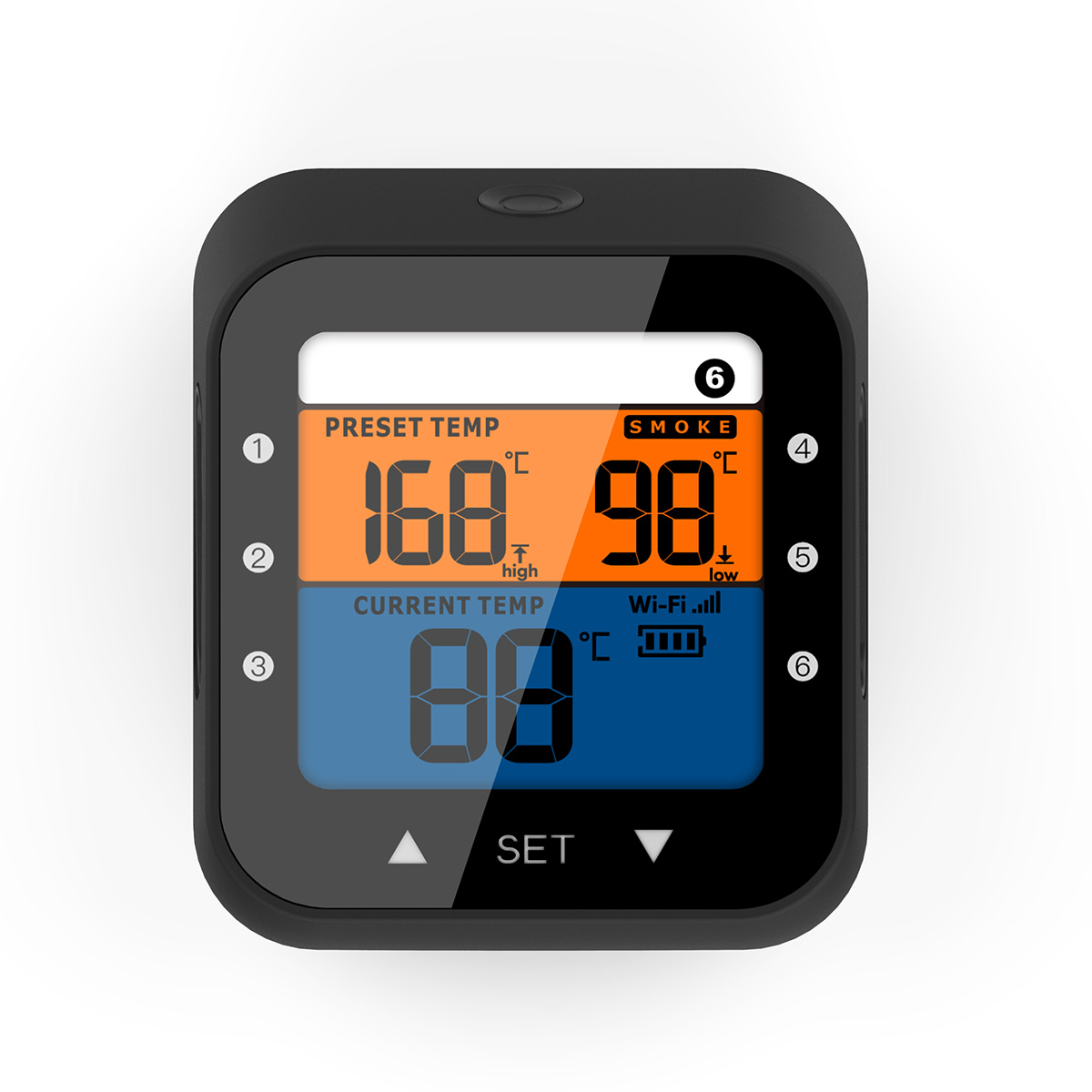 Digital thermometer screen displaying temperature readings, orange and blue colors.