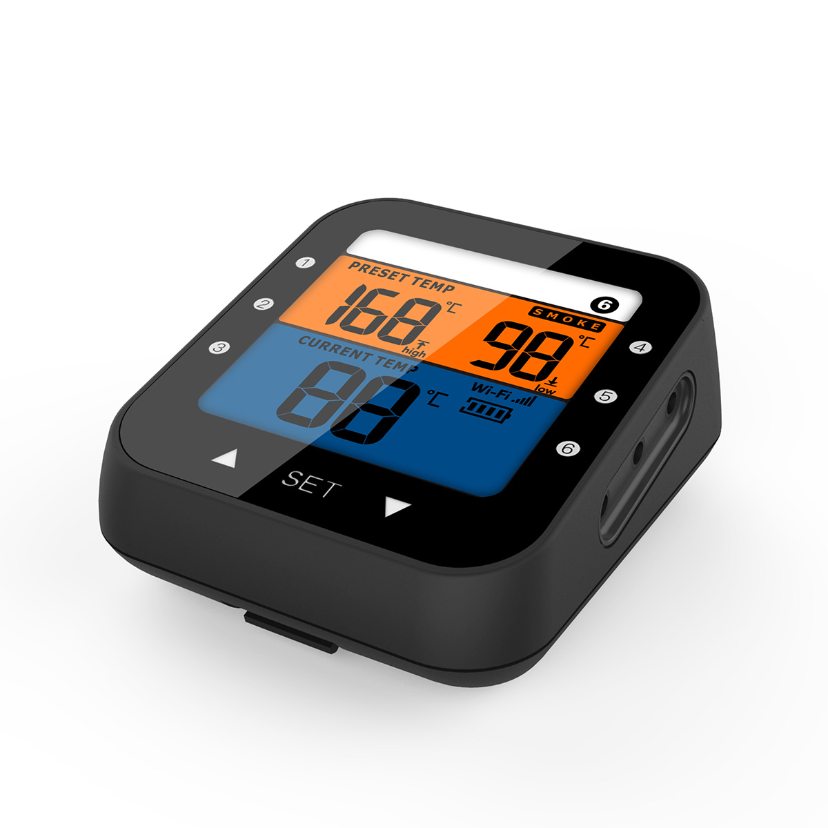 Black digital thermometer with two displays and several buttons.