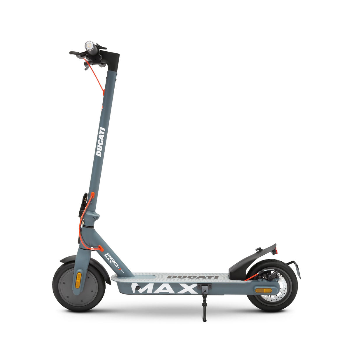 Szary skuter Ducati. Ma szarą ramę, pomarańczowe akcenty i markę Ducati.