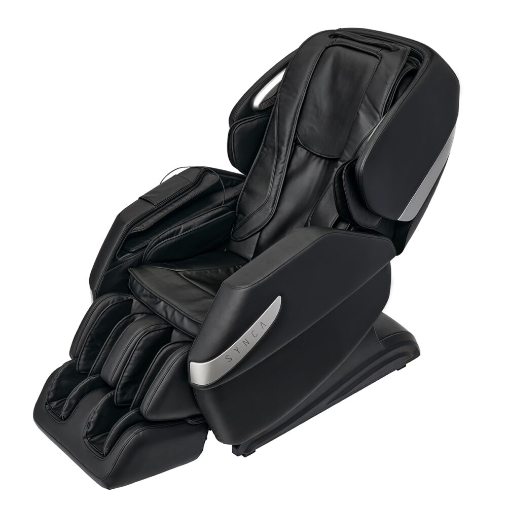Black massage chair with silver accents. The chair is open. The brand name SYNC is visible on the side.