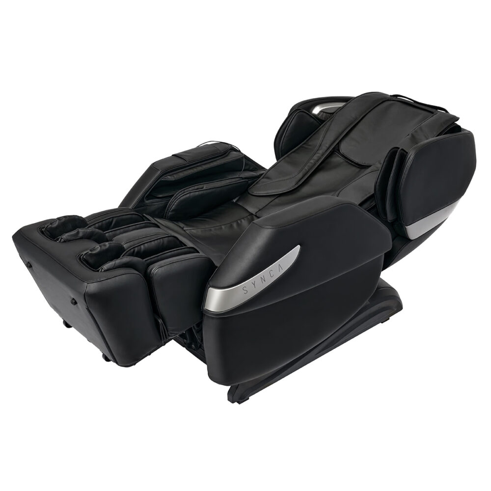 Black massage chair with silver accents. The chair is reclined with armrests and headrest visible.