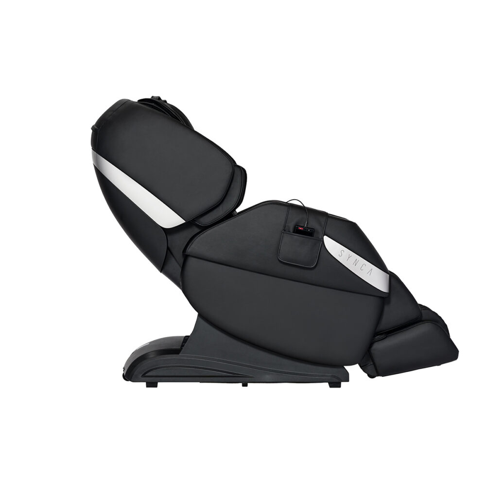 Black Synca massage chair. It is reclined, with white stripe, and a control panel. White background.