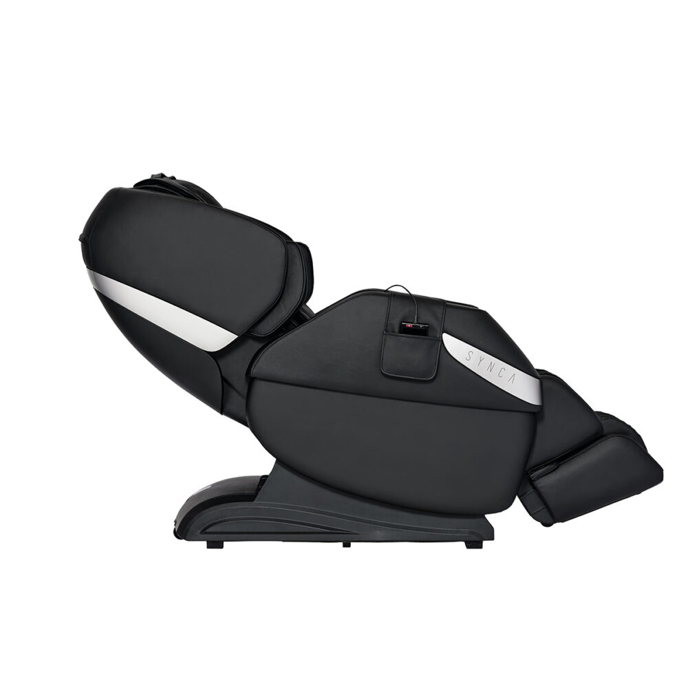Black massage chair tilted back. It has a silver stripe and the brand name SYNC on the side.