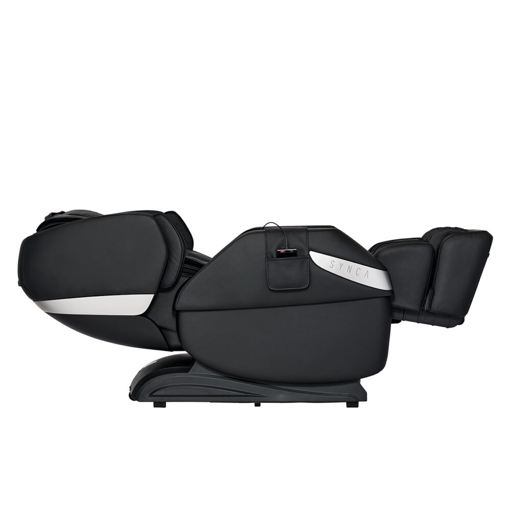 Black massage chair tilted back. It has a silver stripe and the brand name SYNC on the side.