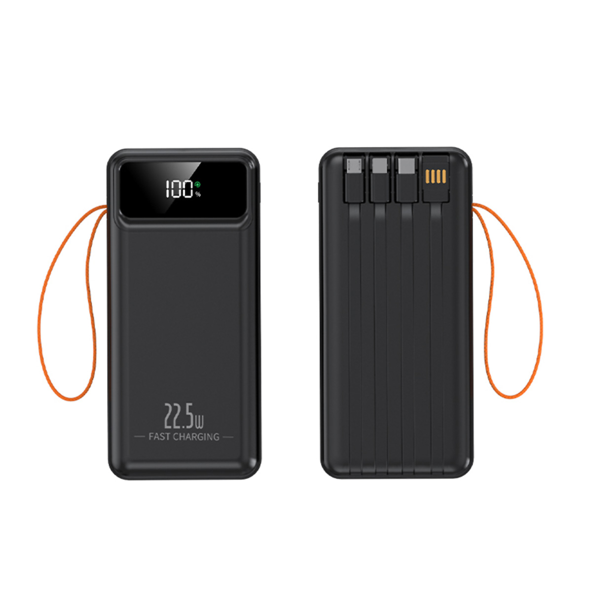 Dos baterías externas negras, una muestra el 100% y '22.5W'. Ambas tienen correas naranjas. Cables visibles.