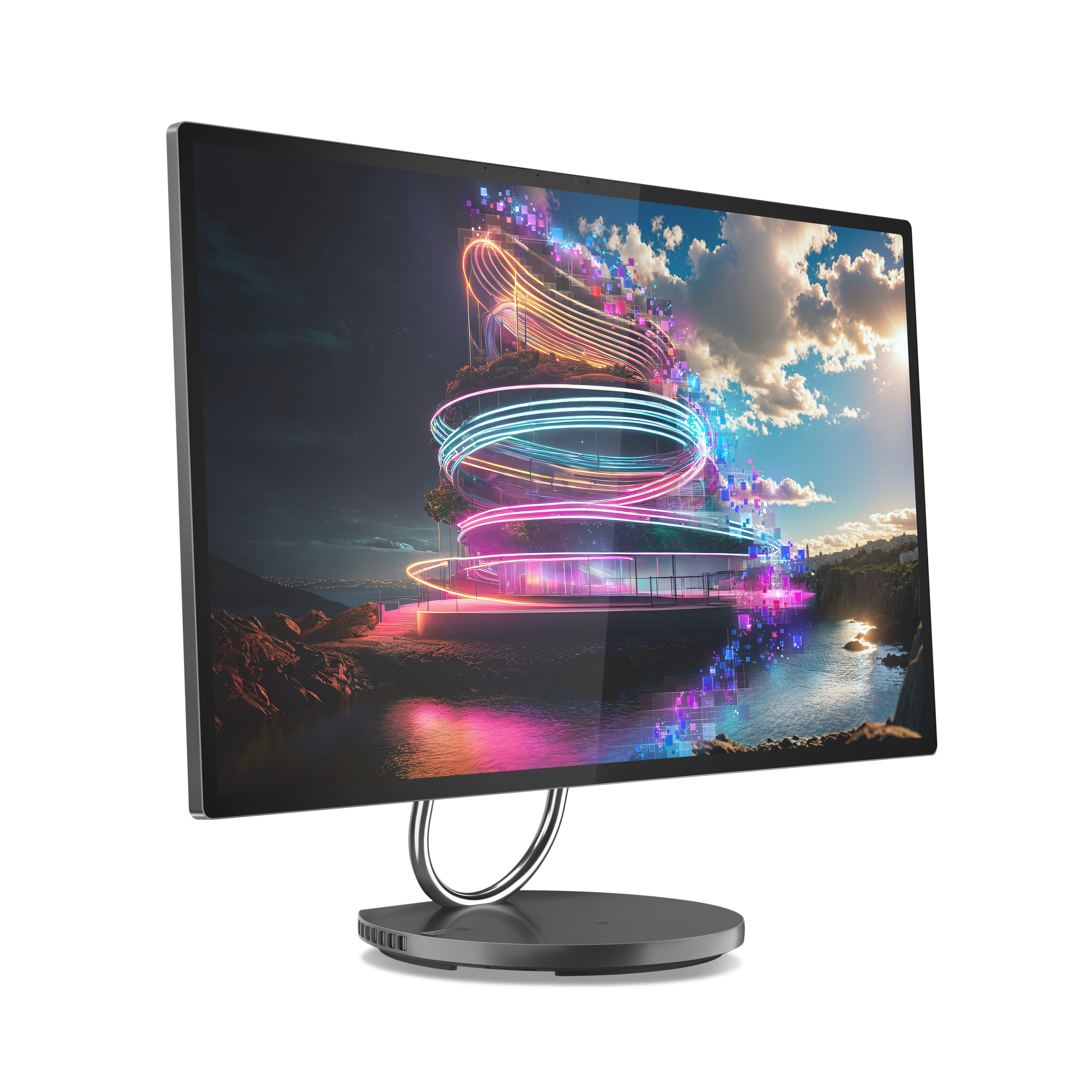 Monitor komputera z zakrzywioną podstawą i kolorowym wyświetlaczem sztuki cyfrowej.