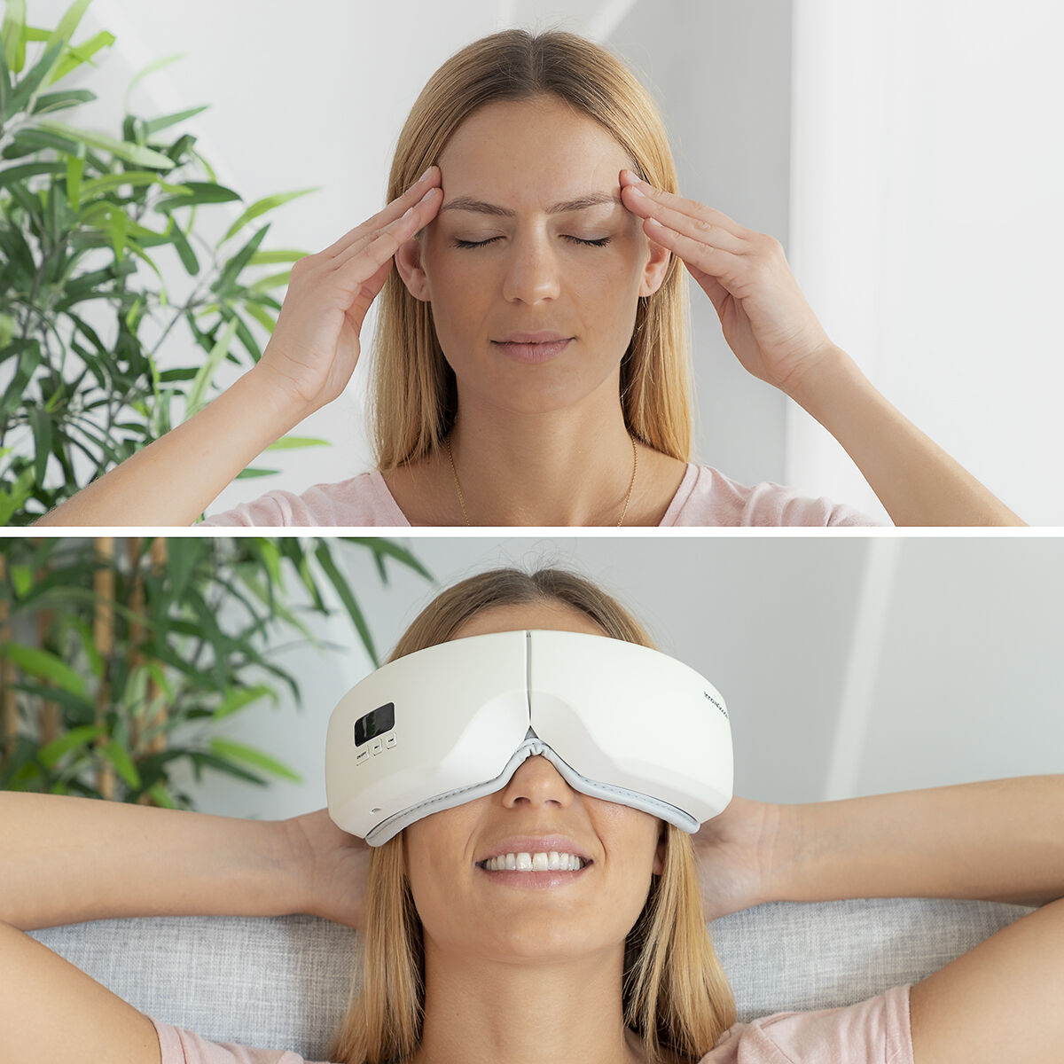Dos imágenes: una mujer masajeando sus sienes y otra usando una máscara para ojos.